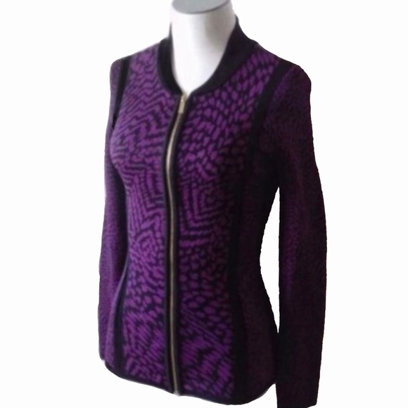 Cache Sweaters - Cache’ Purple & Black Printed Zip Cardigan Sweater
